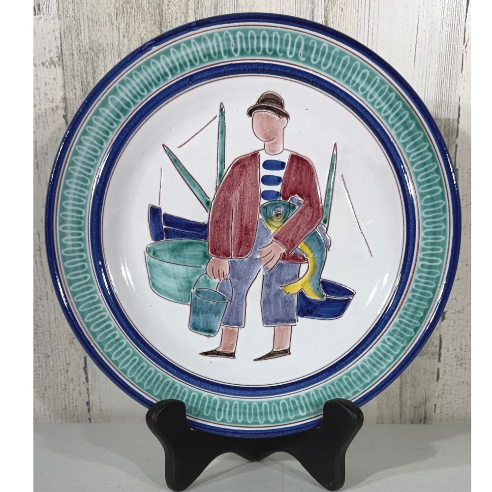 Elle Keramikk Hand Painted Decorative Plate Fisherman Folk Art Coastal Nautical